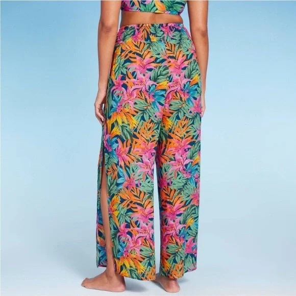 Women's Smocked Waist Side Slit Cover Up Pants - Multi Tropical
Floral Print - Picture 4 of 8